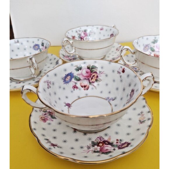 Swansea England Bone China  Two Handled Soup Bowls & Saucer sets(4)  Midsummer - Picture 5 of 15